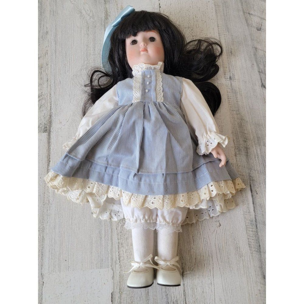 Marian Yu school girl porcelain doll striped blue‎ dress